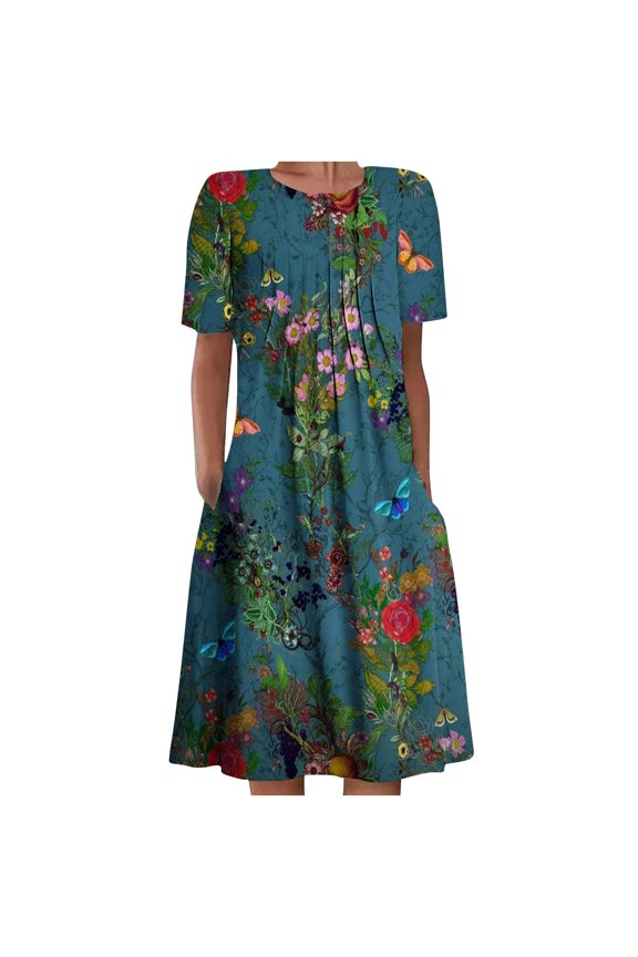 Gifts Usmixi Formal Dresses for Women Loose Pleated Swing Vintage Graphics Tunic Dresses with Pocket Crewneck Short Sleeve Western Print Summer Long Dress Navy m