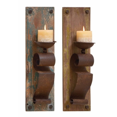 Pine Iron Base - Pine Canopy Rustic Brown Wood and Iron 19-inch Candle Sconces (Set of 2)