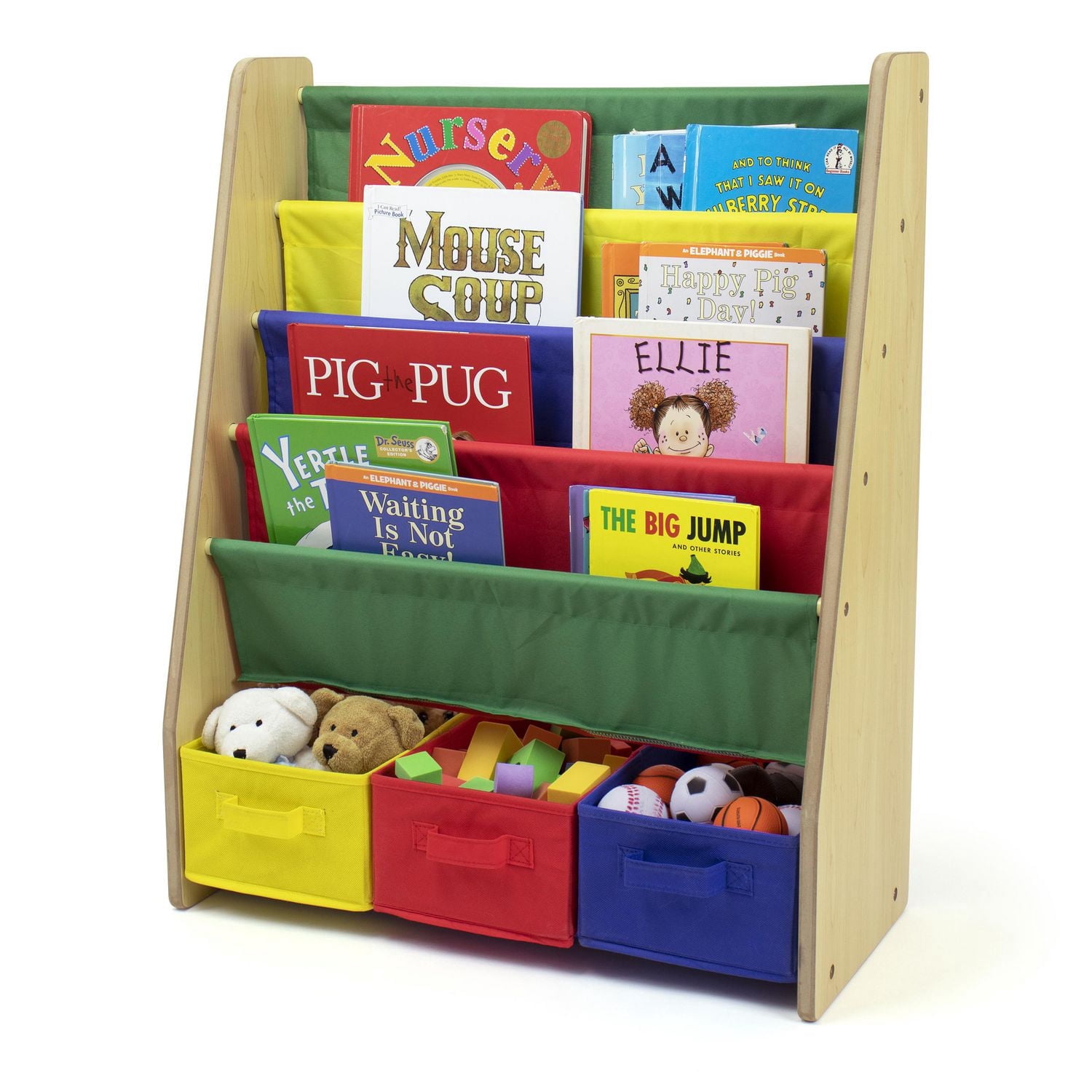 Humble Crew Kids Bookshelf 4 Tier Book Storage and Fabric Bin Organizer, Natural/Primary