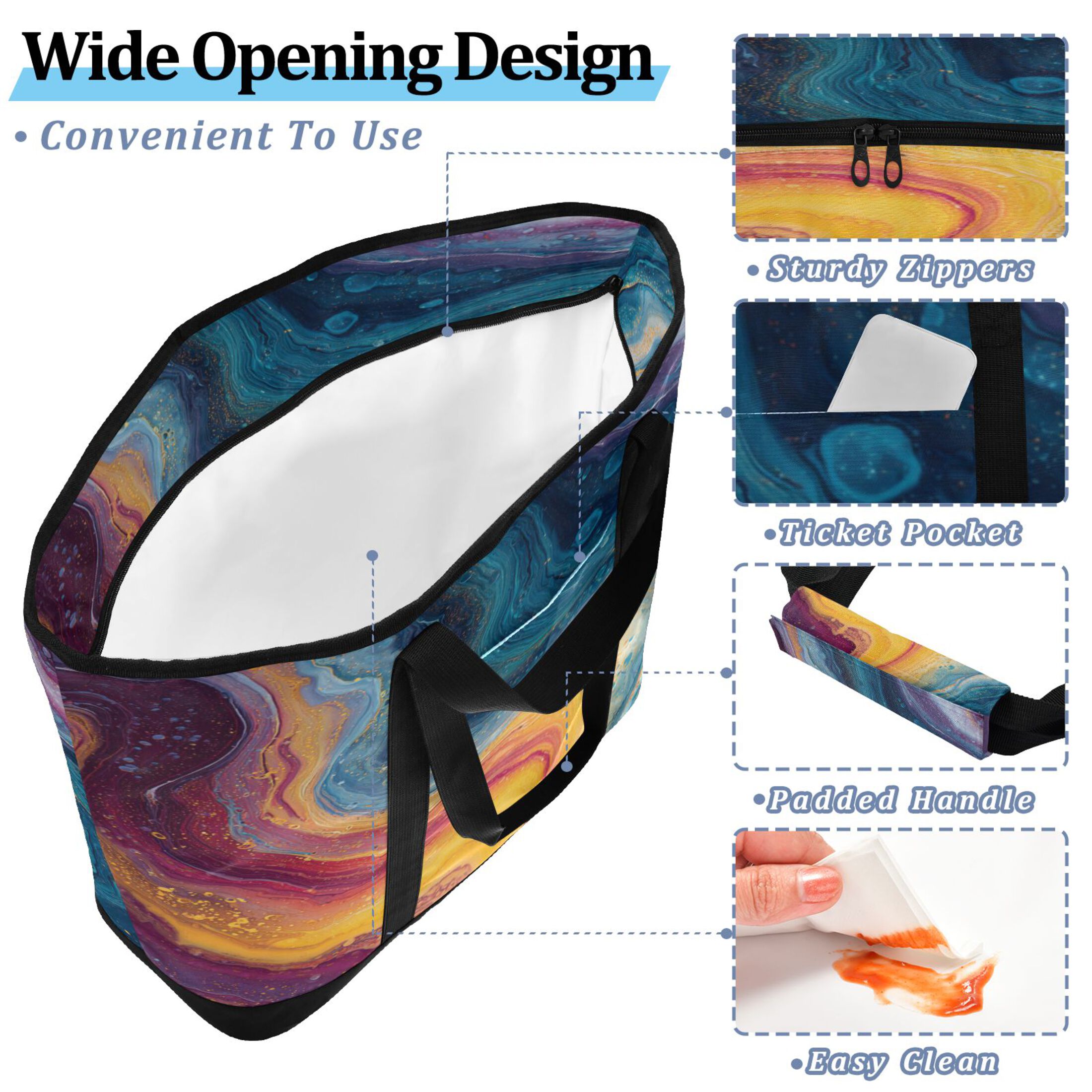 Extra-Large Wide Opening Design Capacity Hand-Held Ice Pack Thickened Insulation Layer For Long-Lasting Cold Retention For Outdoor Shopping Picnics And Camping Rainbow-colored Sinuous Marble