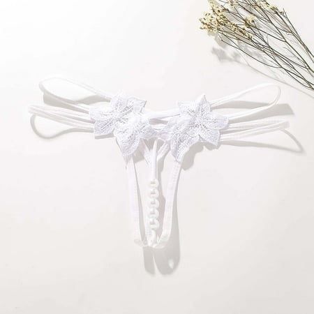 Luxalzxs Womens Sexy Pearl G String Tongs Low Waist Hollow Out Y-Back Flowers Embellished Underwear Valentine Underpants Open Cut Panties Lingerie