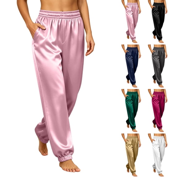 Nmnitkp Women's Satin Jogger Pants High Waisted Elastic Pull On Silky Lounge Pants with Side Pockets Casual Sleep Pajama Pants for Loungewear Sleepwear Daily WearPink,S