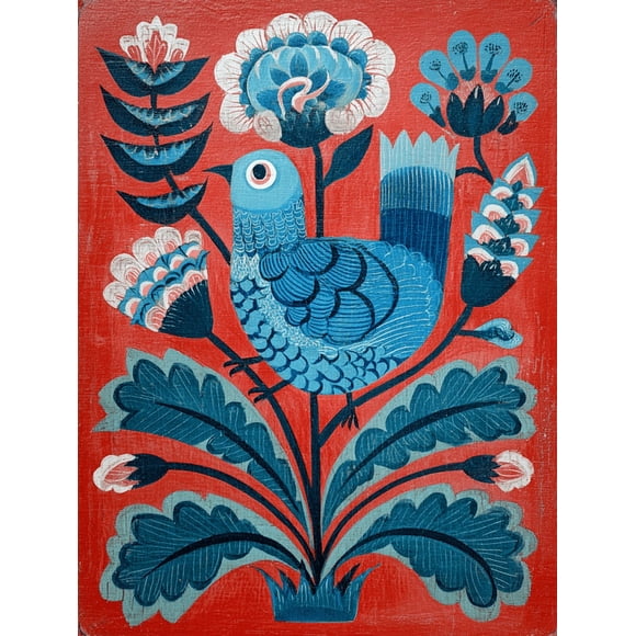 Qisvanset Folk Art Blue Bird Floral Canvas Wall Art Print 15.75x11.81 Inches
