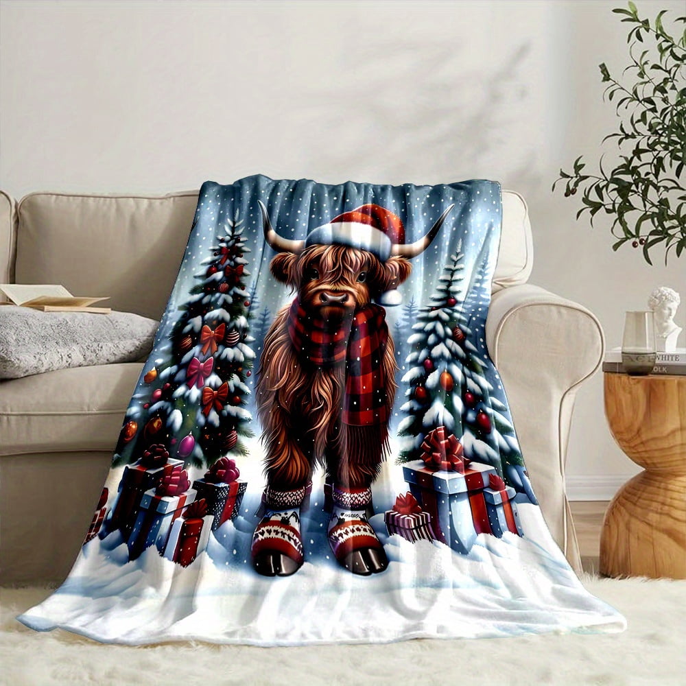 Cozy Christmas Highland Cow Flannel Throw Blanket - Soft, Reversible, 100% Polyester Non-Woven, Digital Print, All-Season, Contemporary Home Decor with Santa Hat Design