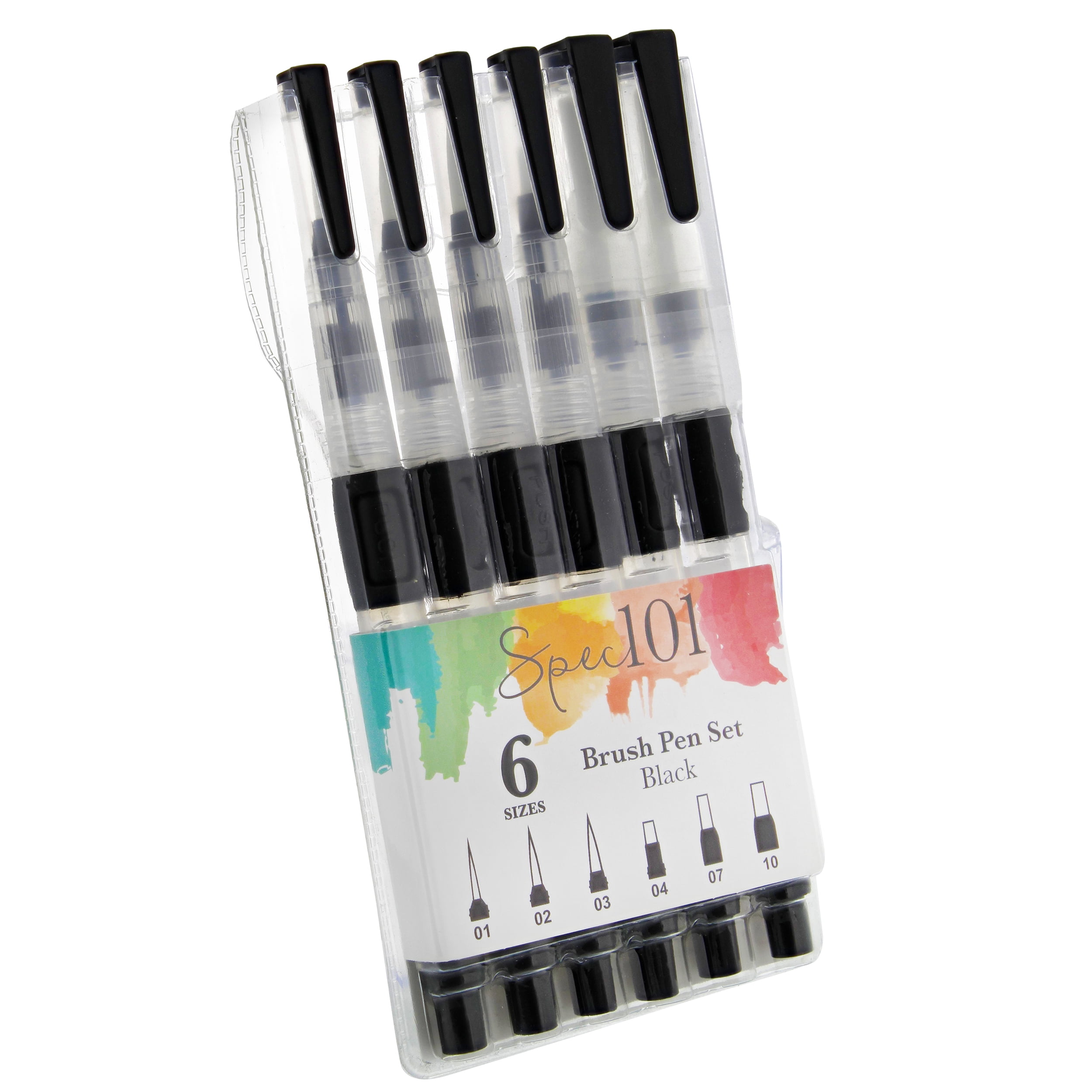 Spec101 Color Brush Pens for Watercolors - 6pc Flat to Fine Tip Aqua Brush Pens