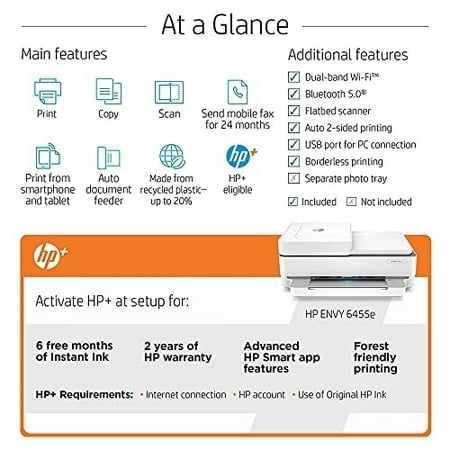 HP - ENVY 6455e Wireless All-In-One Inkjet Printer with 3 months of Instant Ink Included with HP+ - White