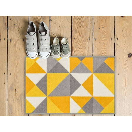 Modern Gold Machine - Non-Skid/Slip Rubber Back Antibacterial 20x31 (20'' x 31'') Lex Casual Yellow Gold & Grey Geometric Modern Thin Low Pile Machine Washable Indoor Outdoor Kitchen Hallway Entry