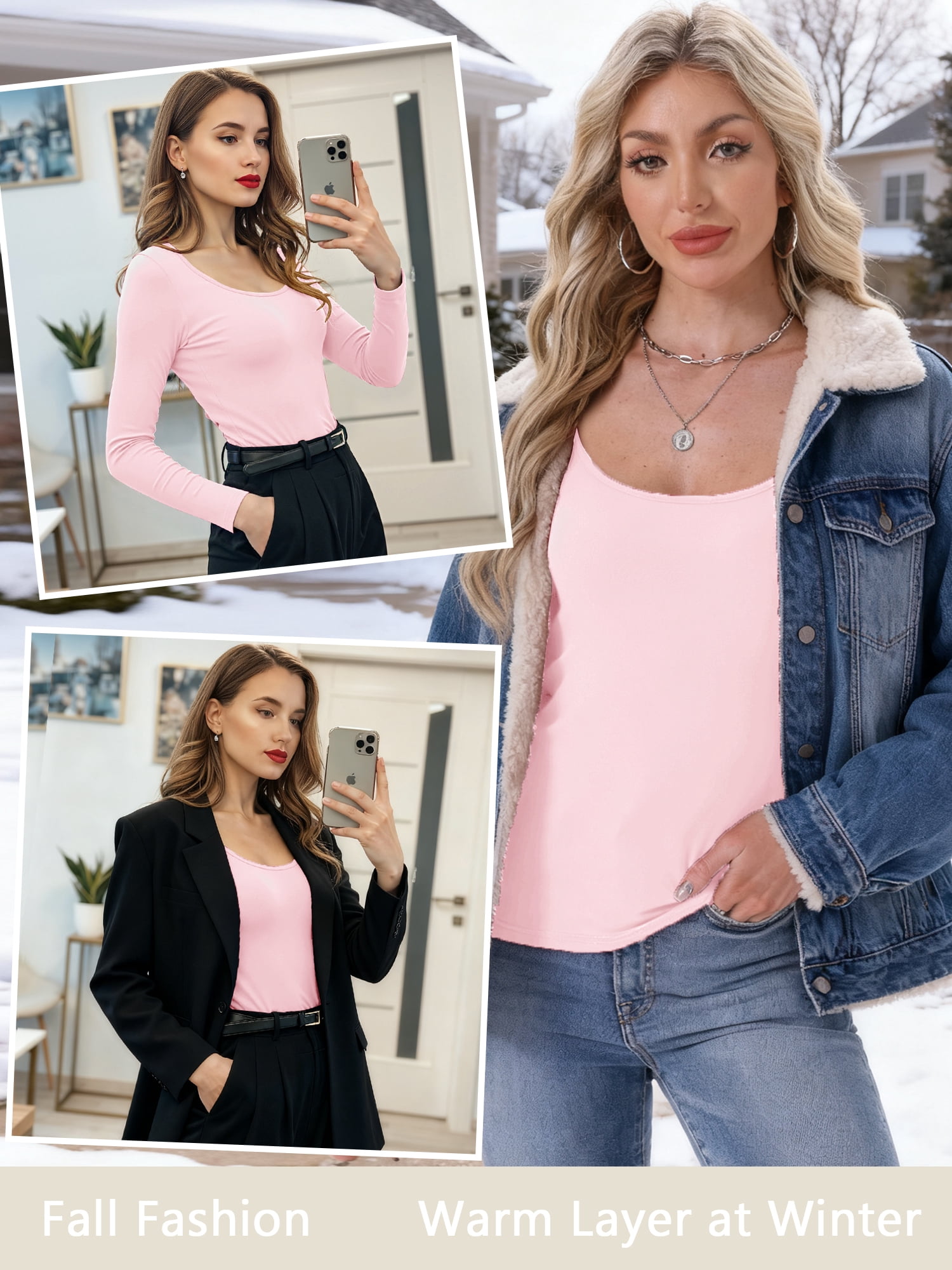 DARING DIVA Women's Scoop Neck Long Sleeve Slim Stretchy Thermal Tee S Pink