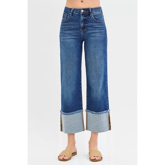 I AM A FASHION JUNKY RISEN Full Size Mid Rise Crop Wide Wide Cuffed Jeans Plus Size (DARK, 9)