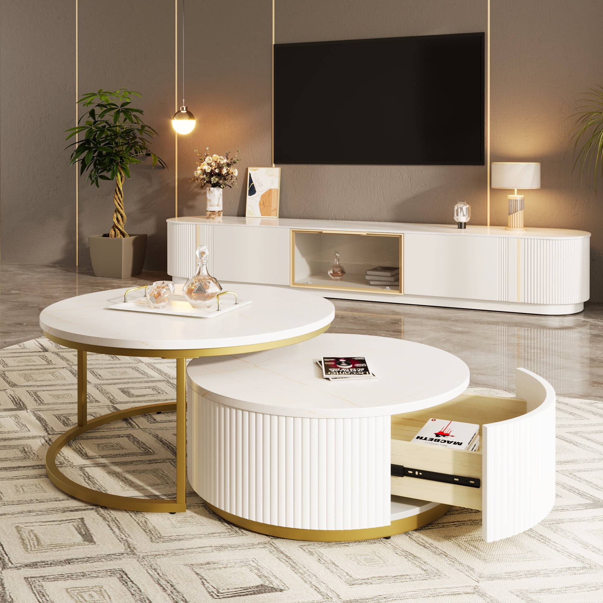 Harper & Bright Designs Round Nesting Coffee Table Set of 2, Golden Metal Center Table with Storage Drawer for Living Room, White 31.5'