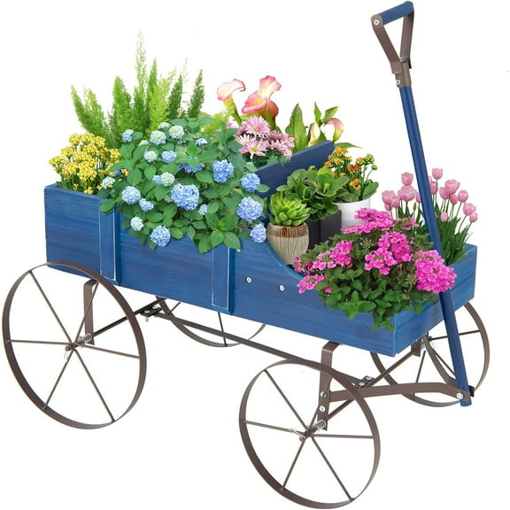 XPOPR Wooden Wagon Planter, 24.5” x 13.5” x 24” Decorative Garden Planter w/ 2 Planting Sections, Wheels, Handle, Small Decorated Cart, Flower Planter Box for Indoor Outdoor Patio.
