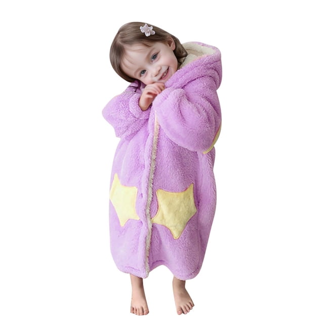 Hiiyo Little Girl's Flannel Bathrobe Winter Thicken Warm Hooded Sleepwear Robe Homewear