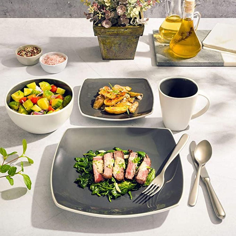 Gibson Elite Soho Lounge Square 16 Piece Stoneware Dinnerware Set, Grey/White