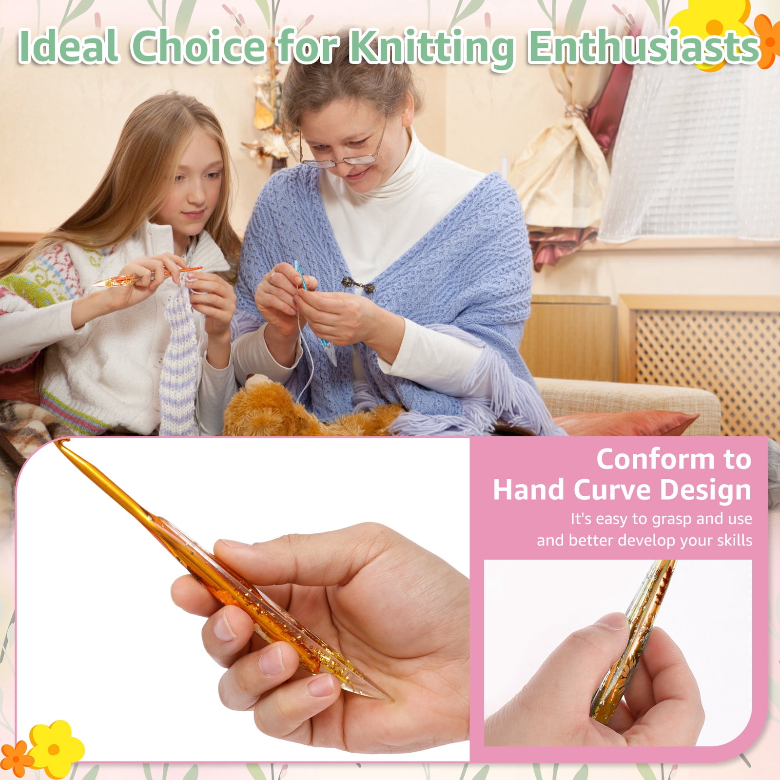 FYJUCPA Crochet Hook Set, 9PCS Ergonomic Hooks with Floral Resin Grip & Storage Bag, for Blanket Doll Shawl Hat Scarf Crocheting, Great Gift