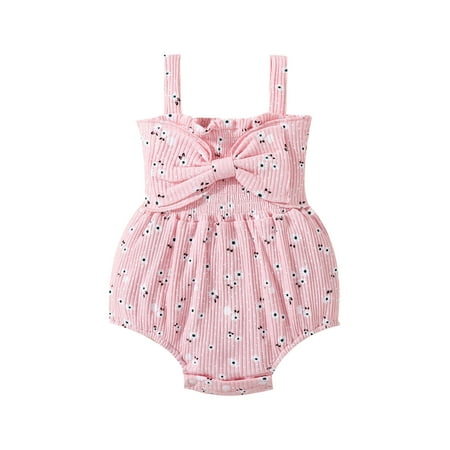 

Gergngdo Kids Baby Girls Summer Newborn Ribbed Bodysuit Sleeveless Flower Dot Print Romper with Bow