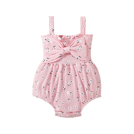 Seyurigaoka Summer Newborn Ribbed Bodysuit, Baby Girls Sleeveless Flower Dot Print Romper with Bow