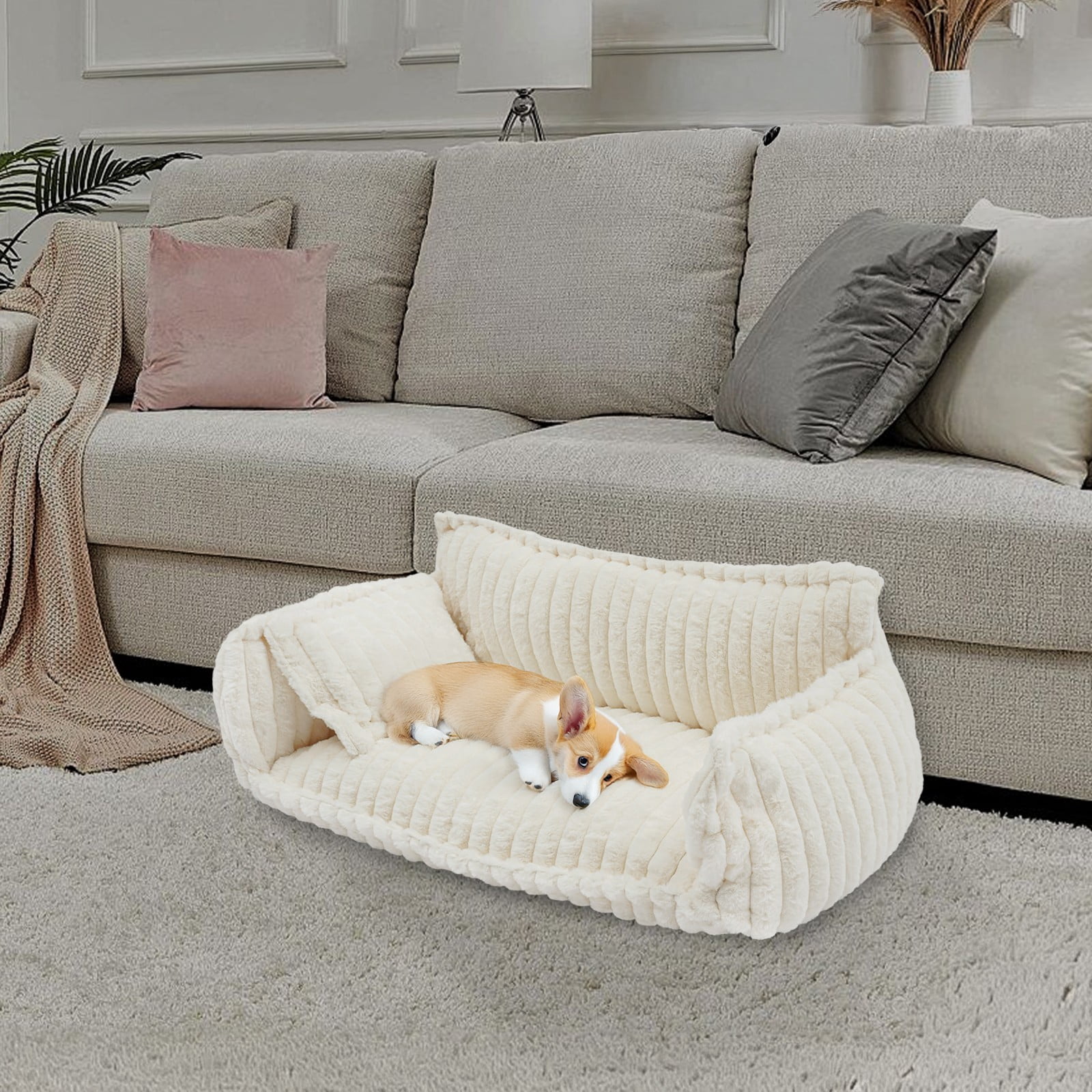 Dog Bed Sofa, XL Plush Pet Couch with Removable Washable Cover, Orthopedic Cushion & Pillow, Non-Slip Bottom for Large Dogs Cats, Modern Home Pet Furniture, White