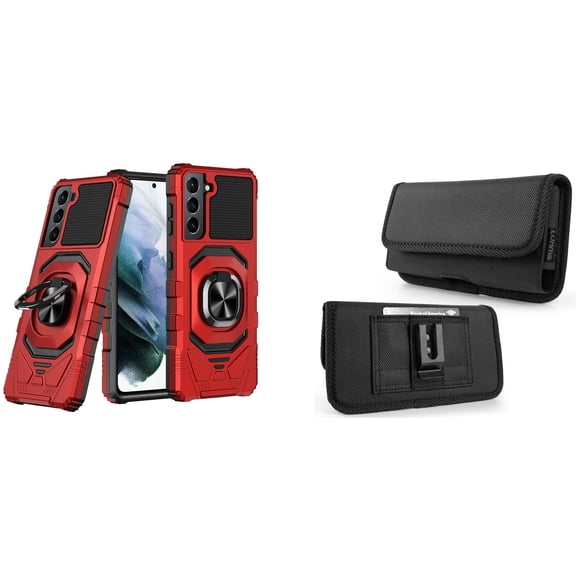 Case with Belt Holster Bundle for Samsung Galaxy S22 Ultra: Heavy Duty Shield Cover (Red) and Horizontal Rugged Nylon Phone Pouch