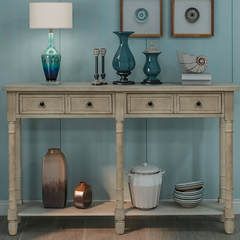 Tall Wood Console Table Home Sofa Table with 2 Big Storage
