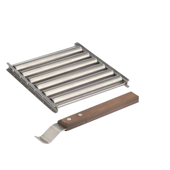 5 Roller Hot Dog Roller Stainless Steel Sausage Grill Rack with Long Wood Handle for BBQ