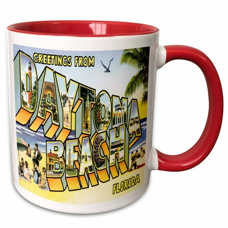 

3dRose Greetings From Daytona Beach Florida Bold Lettering with City Scenes - Two Tone Red Mug 11-ounce