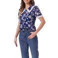 thumbnail image 4 of CAMISA CHIC Floral de Mujer de Manga Corta con Cuello Peter Pan de Encaje, Blusa con Botones, Azul Marino, Talla M, 4 of 6