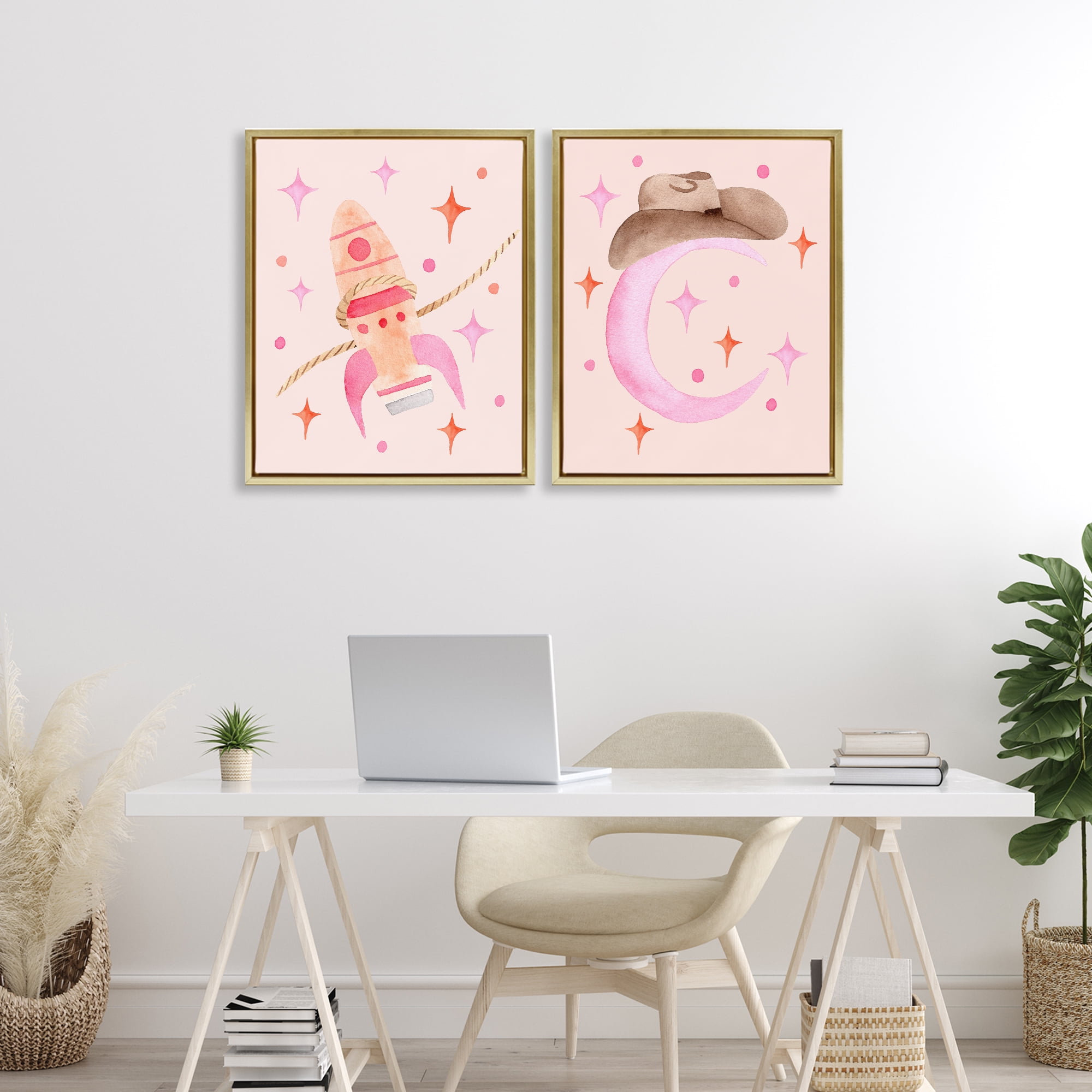 Space Cowgirl Rocket Ship 2 Piece Gold Framed Floater Canvas Set, design by Nina Jacobs