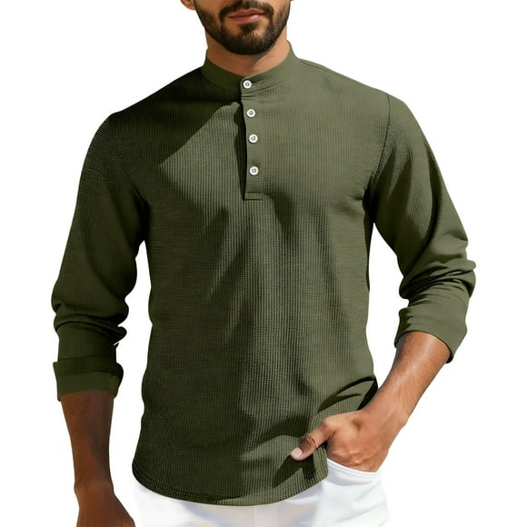 Ohufall Henley Men Shirts Long Sleeve T shirts for Men Crew Neck Solid Color Plus Size Men Henley Shirts