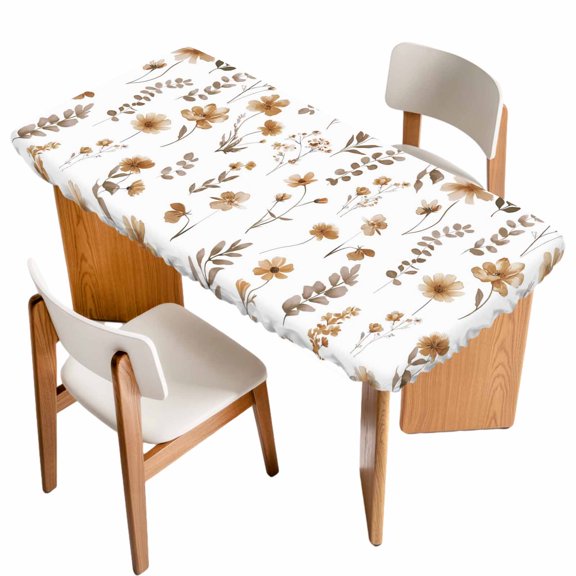 Brown Spring Floral Table Cloths for 3 Foot Rectangle Tables, Flowers Leaves Elegant Pastoral Patio Waterproof Elastic Fitted Tablecloths, Washable Rectangular Table Cover for Camping