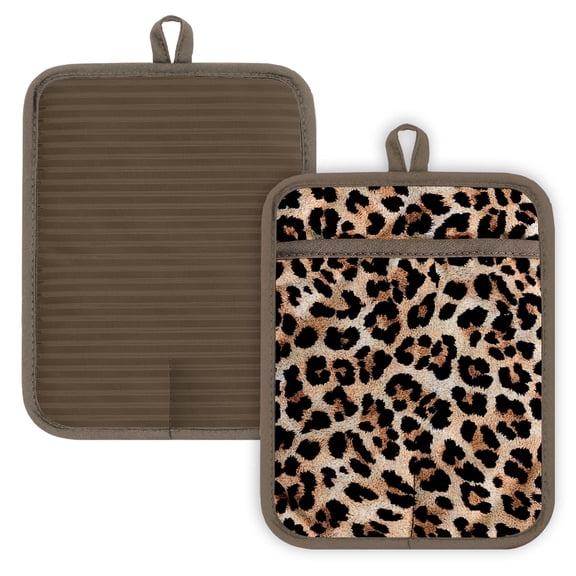 Howayme Ribbed Cotton Pot Holders 2-Pack Set, Leopard Printed, Heat Resistant Soft Silicone Pot Holders for Kitchen, Non-Slip Hot Pads with Hanging Loop for Housewarming Gift, 7"x9"