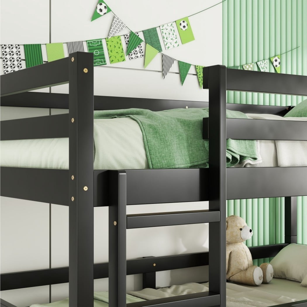 Triple Twin Bunk Bed, Rubber Wood Twin Over Twin Over Twin Bunk Bed with 2 Built-In Ladders & Guardrails, Detachable 3 Twin Beds, Black
