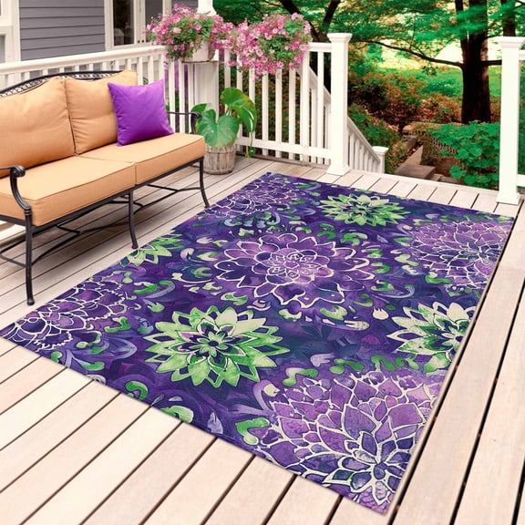 Purple Green Flowers Outdoor Rug for Patio/Deck/Porch, Non-Slip Large Area Rug 3 x 5 Ft, Watercolor Vintage Botanical Indoor Outdoor Rugs Washable Area Rugs, Reversible Camping Rug Carpet Runner