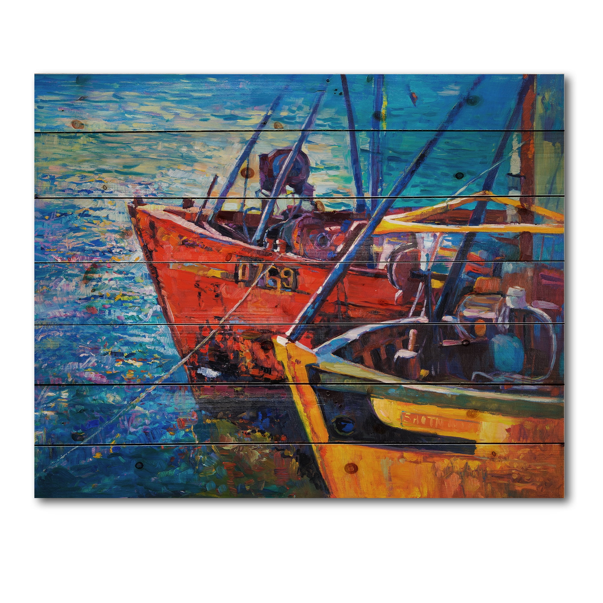 Designart 'Boats During Warm Sunset Resting On The Water VII' Nautical & Coastal Print on Natural Pine Wood