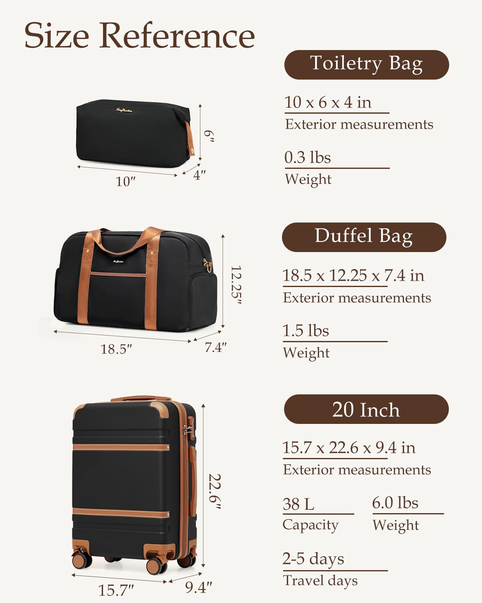 LONG VACATION Carry On Luggage Set 3 Piece, 20 Inch ABS+PC Hardshell Carry on Suitcase with Spinner Wheels TSA Lock & YKK Zipper