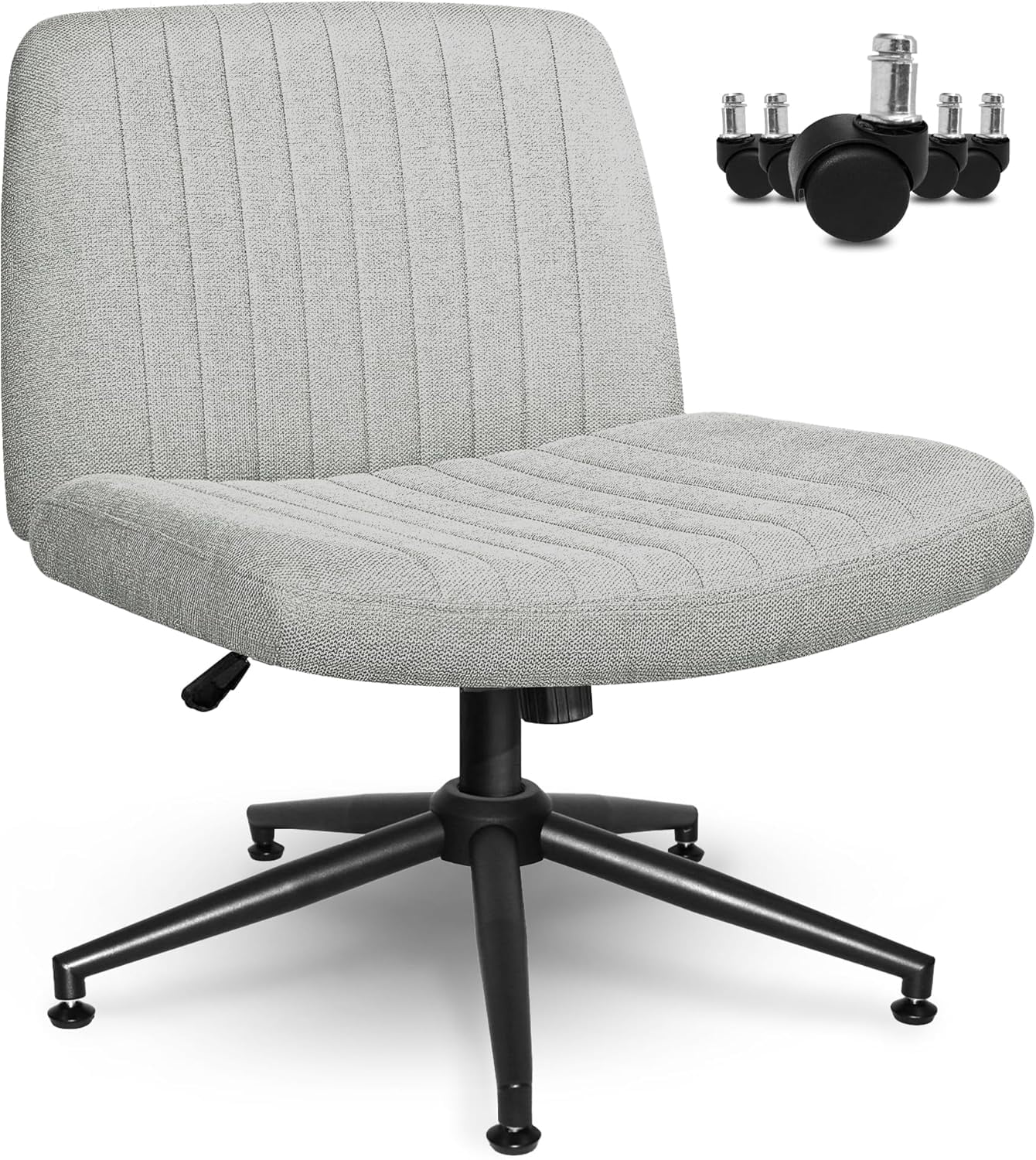 NEO CHAIR Criss Cross Chair with Wheels Armless Cross Legged Office Desk Wide Comfy Vanity Makeup Chair Adjustable Swivel Rolling Computer for Home Office Fabric (Grey Dual Base)