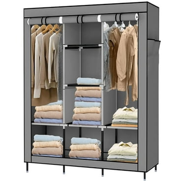 SortWise Garde-Robe Portative, Organisateur de Vêtements en Tissu Non Tissé de 49 Pouces de Large avec 2 Tringles et 8 Étagères de Rangement, Gris