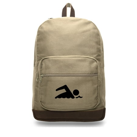 Swimming Swimmer Teardrop Backpack with Leather Bottom Accents, Khaki &