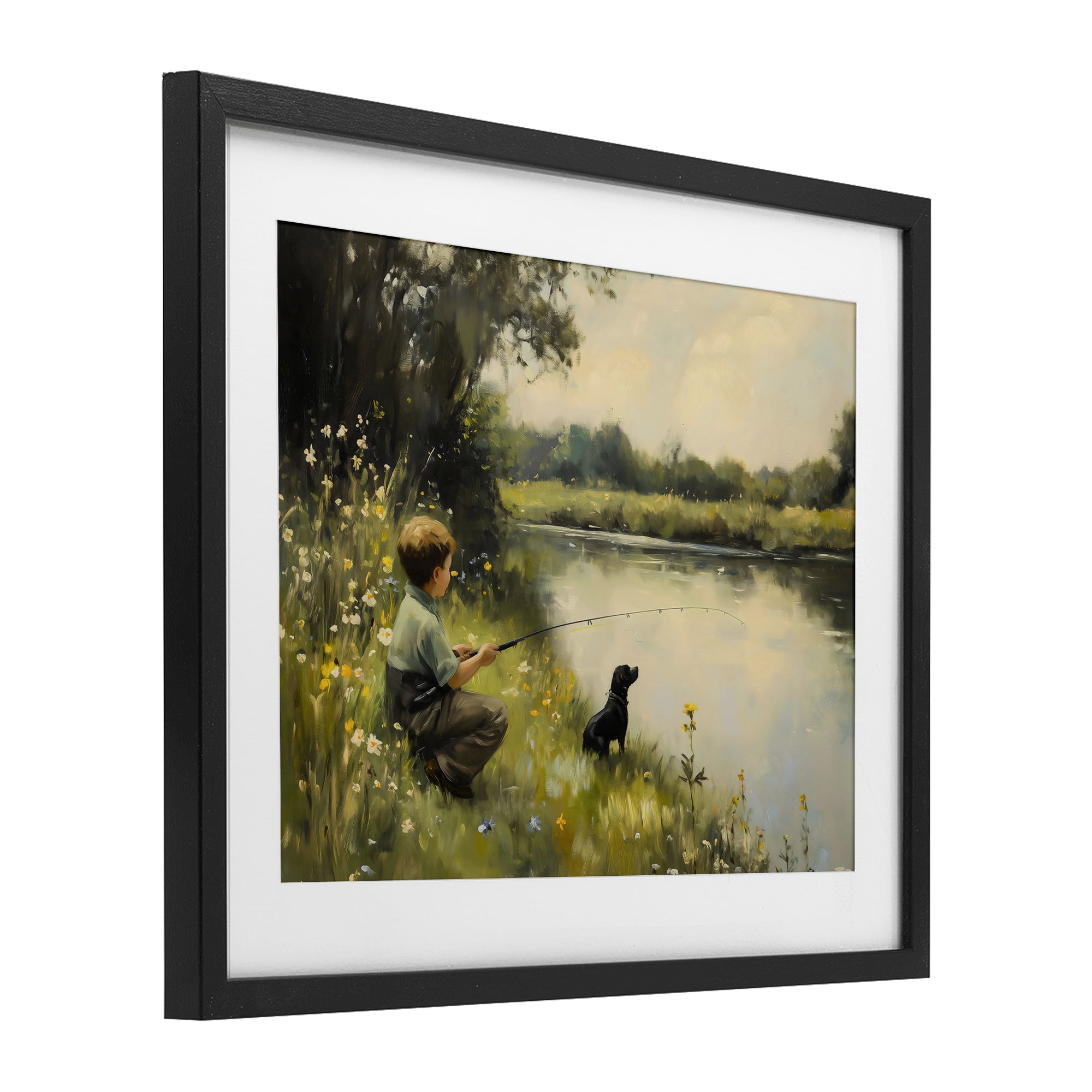 Boy & Puppy Fishing Black Framed Print Under Glass, design by Arlington Prints