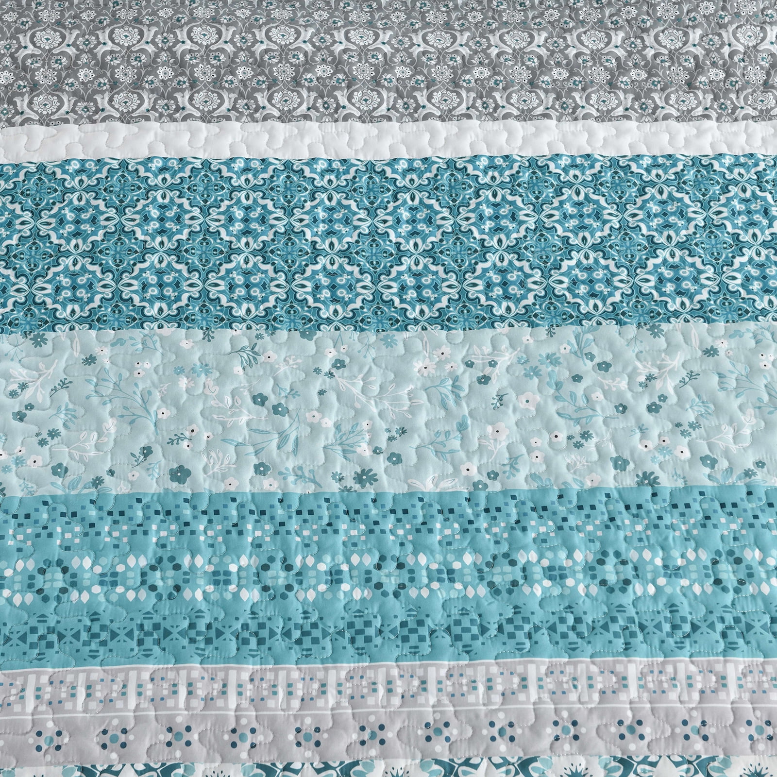Dintszyayue Boho Quilt Set Queen,3Pcs Floral Teal Bohemian Bedding Sets Striped Patchwork Bedspread Set Adult(90"×96")