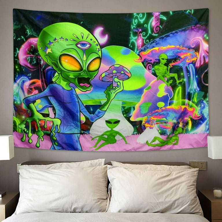 Blacklight Alien Tapestry Wall Hanging UV Reactive Colorful Trippy Psychedelic Mushroom Tapestries for Home Decor Wall Art 60X40 inches