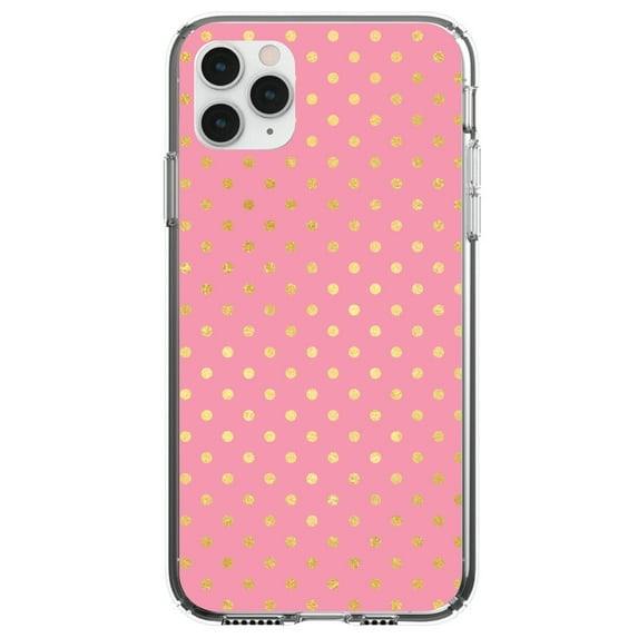 DistinctInk Clear Shockproof Hybrid Case for iPhone 13 Pro MAX (6.7" Screen) - TPU Bumper, Acrylic Back, Tempered Glass Screen Protector - Pink & Gold Polka Dot Pattern