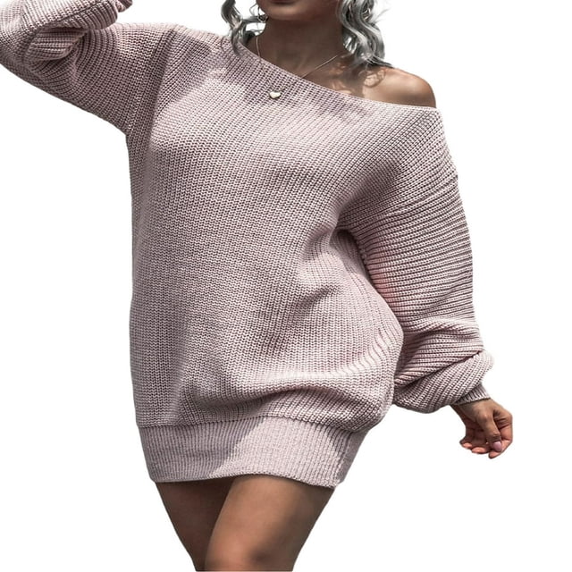 COUTEXYI Femmes hors Robe de Pull Épaule Manches Longues Robe en Tricot en Vrac Automne Mini Robe