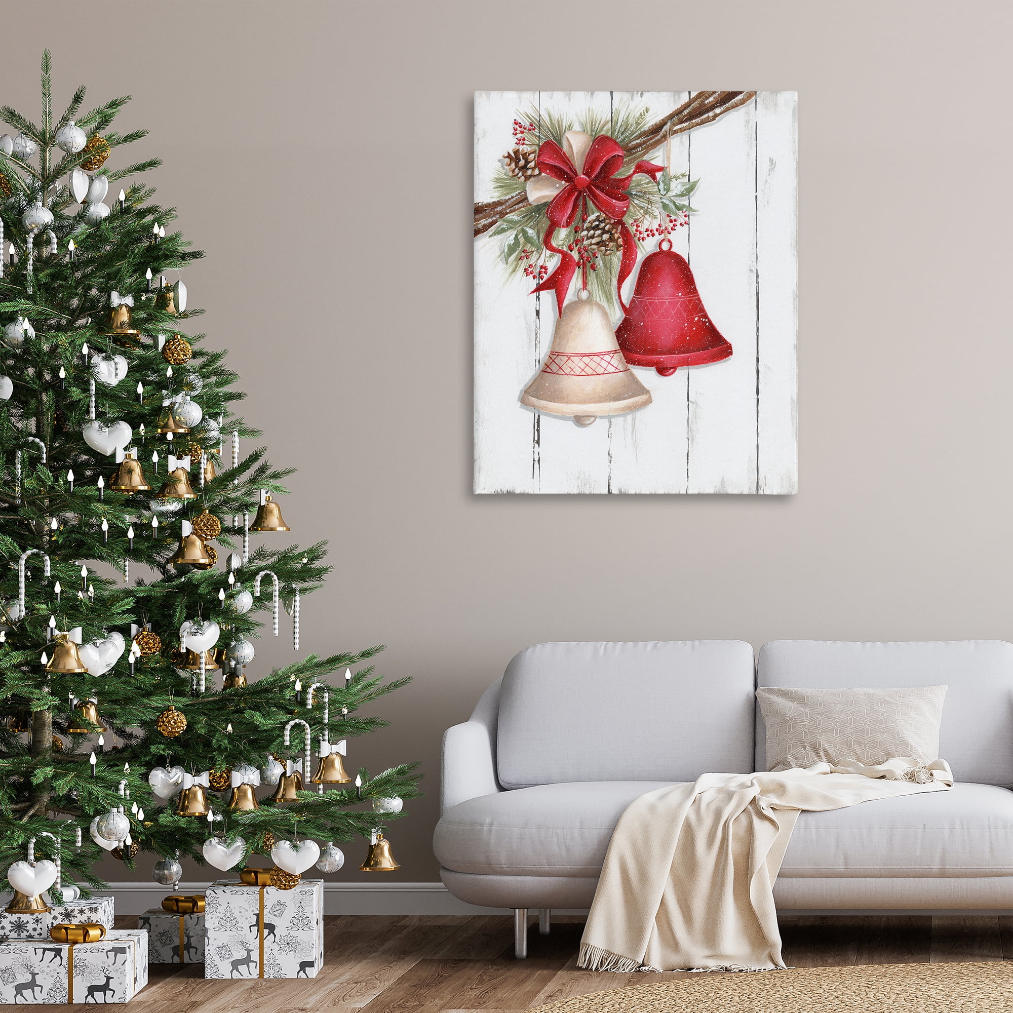 Stupell Industries Rustic Winter Bells Holiday Painting Gallery Wrapped Canvas Art Print Wall Art, 36 x 48