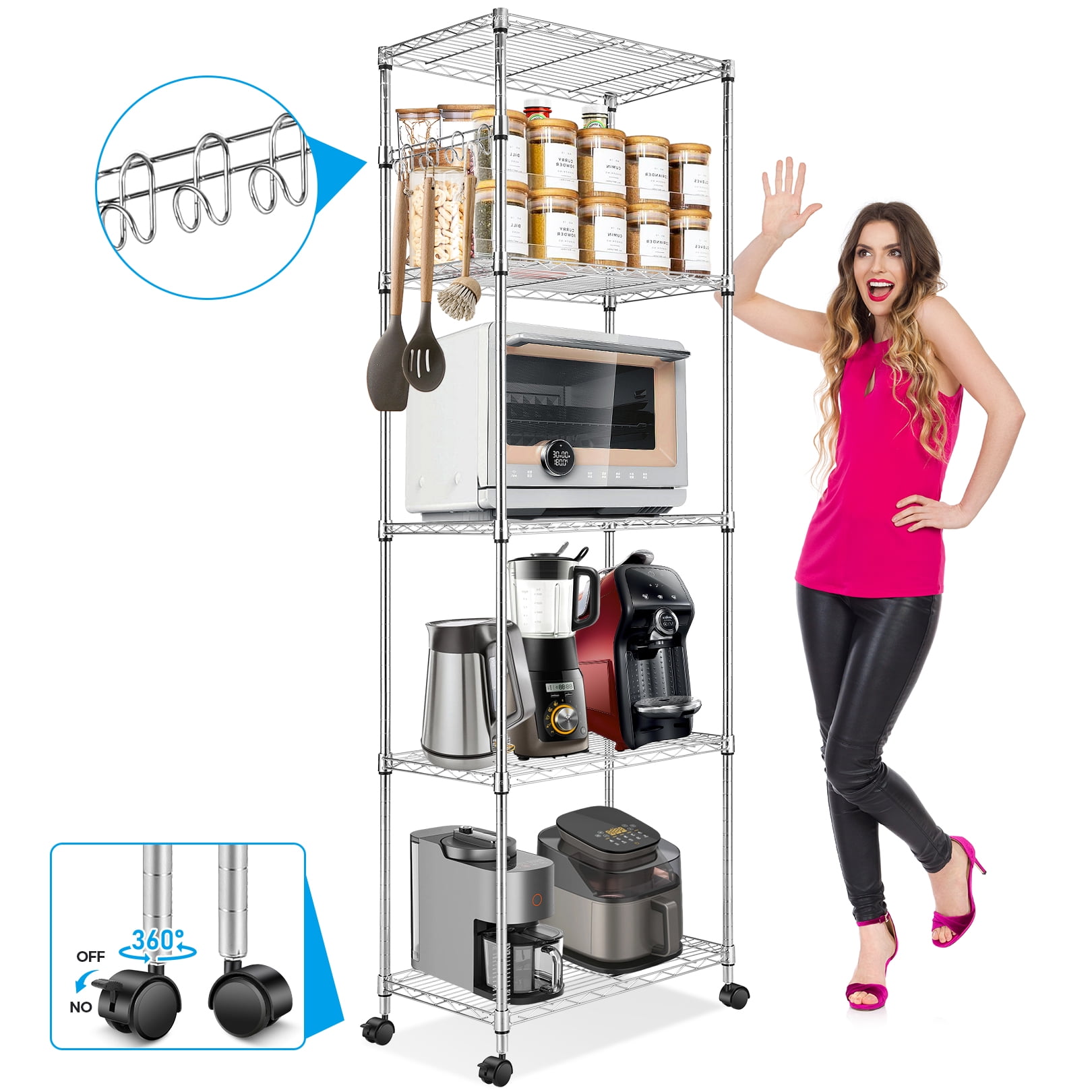 5-Tier Shelf Wire Shelving Racks with Casters Hooks Kitchen Steel Storage Shelf Rack, Sturdy Metal Shelves Unit Organizer for Home Office 23.2 x 13.8 x 72" Silver