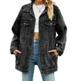 thumbnail image 2 of Jean Jackets for Women Trendy Button Down Denim Trucker Jackets Long Sleeves Frayed Hem Shacket Jacket Black Grey L, 2 of 9