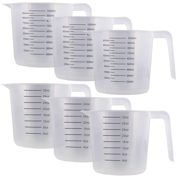 U.S. Kitchen Supply - Vasos medidores graduados de plástico de 32 oz (1000 ml) con asas de jarra (paquete de 6) - Capacidad de 4 tazas con marcas de onzas y ml - Mida y mezcle ingredientes de recetas,