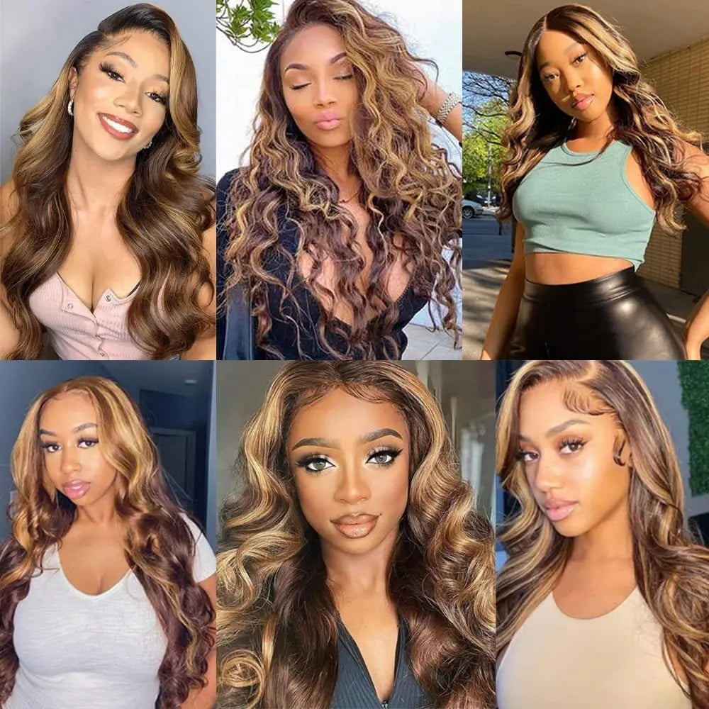Highlighted Body Wave Bundles with Frontal, P4/27 Color Brazilian Human Hair Double Weft Bundles with 13x4 Lace Frontal