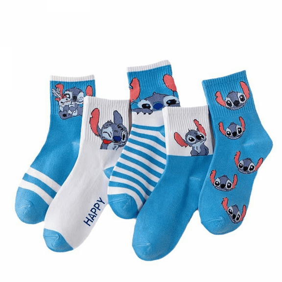 WANNGWEE 5 Pairs Stitch Kids Athletic Crew Socks - Soft, Warm & Comfortable Cartoon Socks for Boys & Girls - Non-Slip Everyday Socks for School, Sports & Play WW728#1328