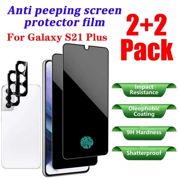 (4 Pack )Privacy Screen Protector For Samsung Galaxy S21 Plus (6.7 Inch),2 Pack Tempered Glass Film 2 Pack Lens Protector, Bubble Free, Fingerprint Unlock,Scratch-Resistant,9H hardness