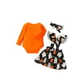 thumbnail image 2 of Qiylii Baby Halloween Outfits, Letters Romper+Cartoon Suspenders Skirt+Hairband, 2 of 9